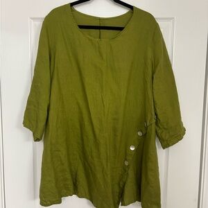 Olive Green Linen Button-Accent Women's Top